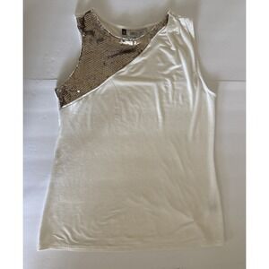 Jennifer Lopez Ivory Gold Sequin Sleveeless Top Women Sz M Peak a Boo Neck Front